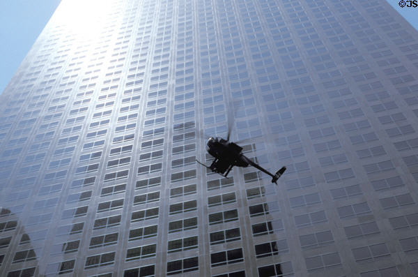 Helicopter shooting film in front of Wells Fargo Tower. Los Angeles, CA.