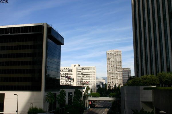 Looking north on Flower Street with white Bunker Hill Tower (1968), Water & Power Building. Los Angeles, CA.