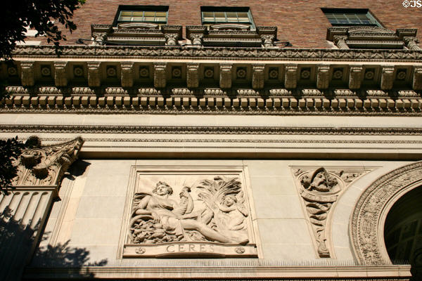 Carving detail of Ceres & Balboa over entrance of Biltmore Hotel. Los Angeles, CA.