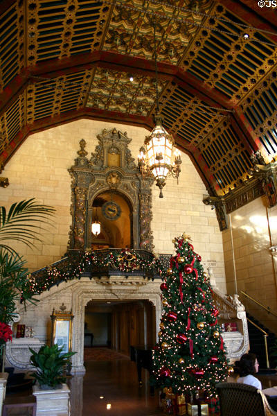 Entrance lobby with vaulted wooden ceiling of Biltmore Hotel. Los Angeles, CA.