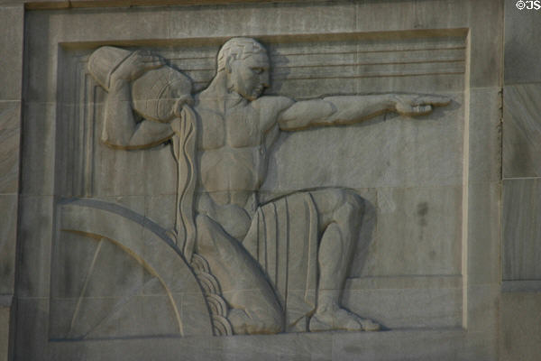Art Deco reliefs of water power on One Bunker Hill. Los Angeles, CA.