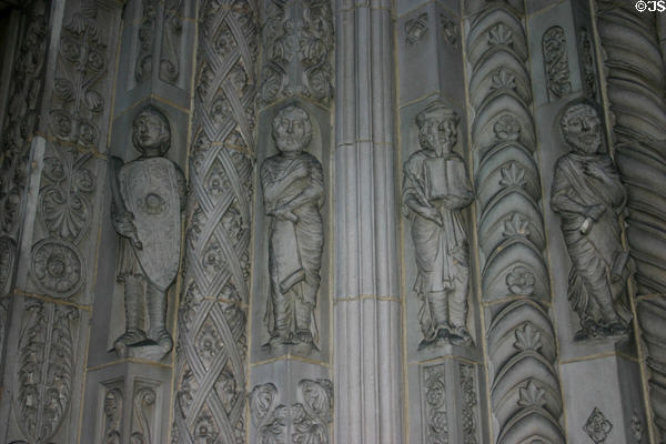 Gothic style carved poets around door of Fine Arts Building. Los Angeles, CA.