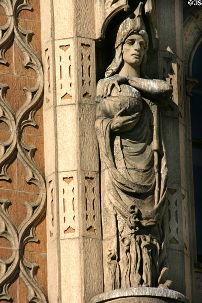 Sculpted woman holding globe on United Artists Theater facade. Los Angeles, CA.