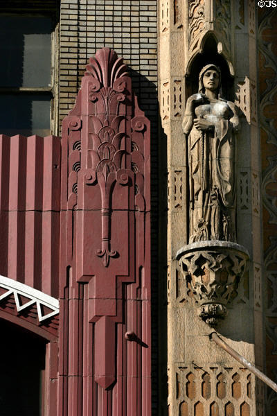 Contrasting United Artists Theater Spanish revival & Art Deco detail of neighboring building. Los Angeles, CA.