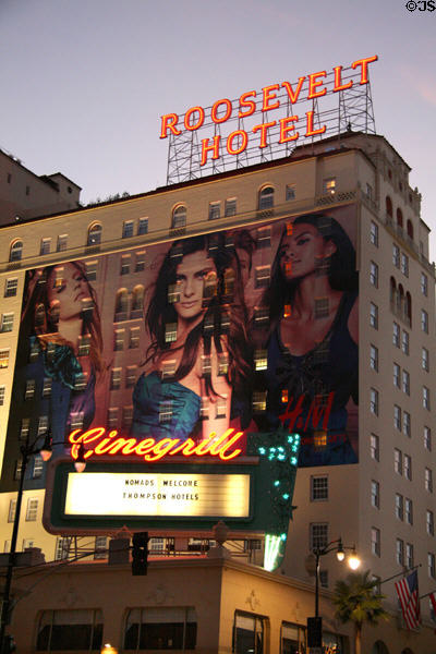 Hollywood Roosevelt Hotel at night, site of first academy awards. Hollywood, CA.