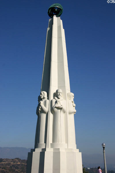 Astronomers Art Deco obelisk monument (1934) to Newton, Kepler & Galileo by Archibald Garner at Griffith Observatory. Los Angeles, CA.