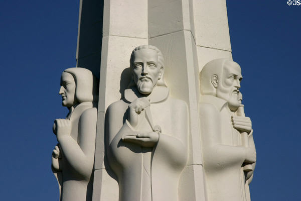 Details of astronomers Newton, Kepler & Galileo on monument at Griffith Observatory. Los Angeles, CA.