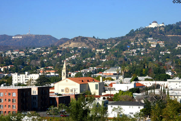View of Hollywood sign & Griffith Park Observatory from Barnsdall Park. Los Angeles, CA.