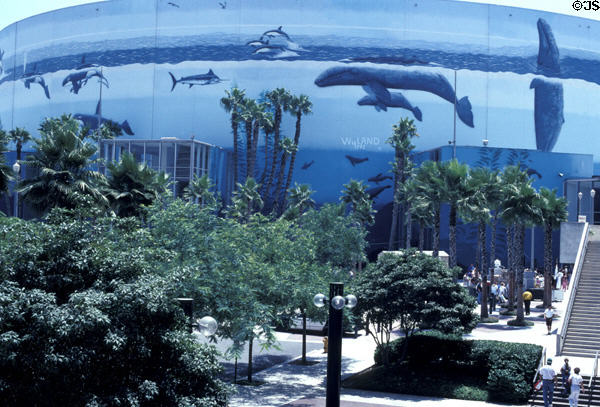 Long Beach Arena with Planet Ocean whale mural by Wyland (1992). Long Beach, CA.