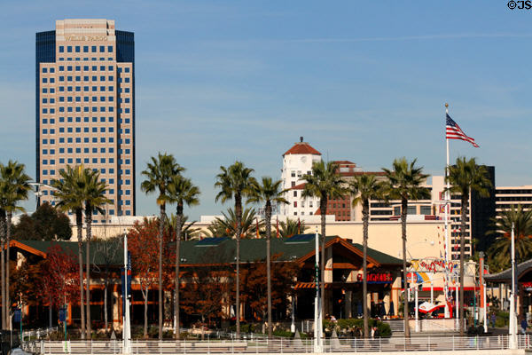 Landmark Square (Wells Fargo) & Ocean Center Building over shopping area on marina. Long Beach, CA.