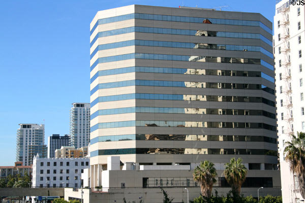 Crocker Plaza (12 floors) (180 East Ocean Blvd.) reflecting Breakers Retirement Apartments. Long Beach, CA.