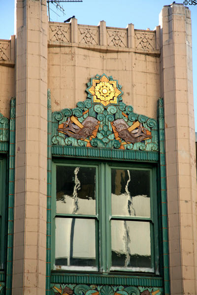 Art Deco terra cotta tiles with dolphins of Rowan Building. Long Beach, CA.