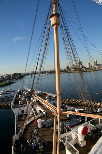 Bow deck, crows nest of Queen Mary with Long Beach skyline. Long Beach, CA.