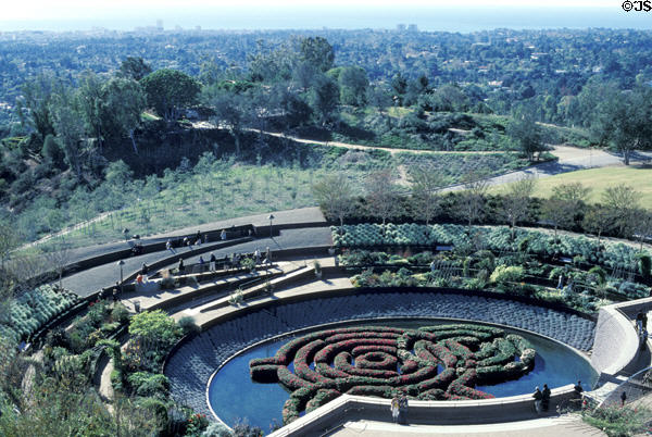Gardens of J. Paul Getty Museum looking to Santa Monica & Pacific Ocean. Malibu, CA.