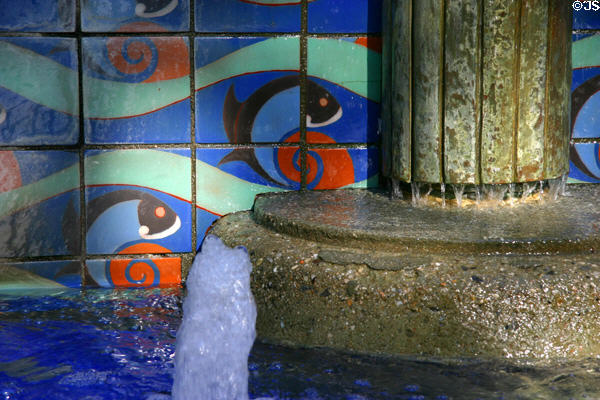 Tile details with fish design in courtyard fountain of Los Angeles Union Station. Los Angeles, CA.