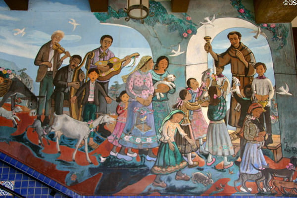 Mural of Blessing of the Animals (1979) by Leo Politi on Biscailuz Building in Olvera Street. Los Angeles, CA.