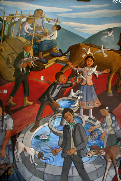 Detail of mural of Blessing of the Animals (1979) by Leo Politi on Biscailuz Building in Olvera Street. Los Angeles, CA.