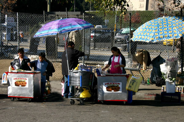 Food stands opposite Our Lady of the Angels Church. Los Angeles, CA.