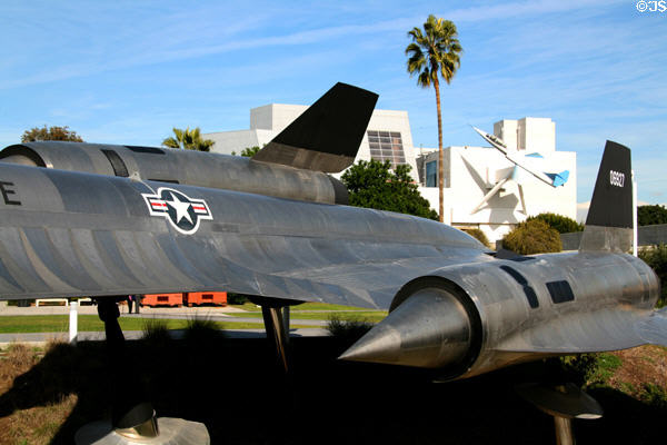 Engines of A-12 Blackbird before California Science Center Air & Space Museum. Los Angeles, CA.