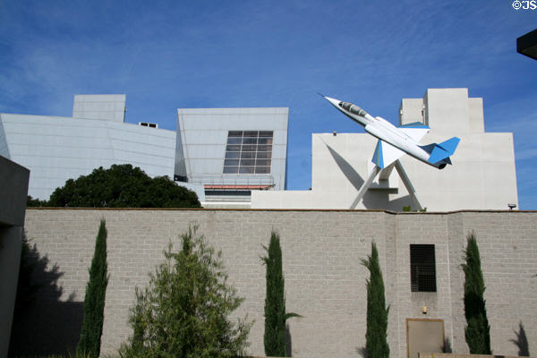 Details of Gehry's Los Angeles Air & Space Museum with F-104 Starfighter jet. Los Angeles, CA.