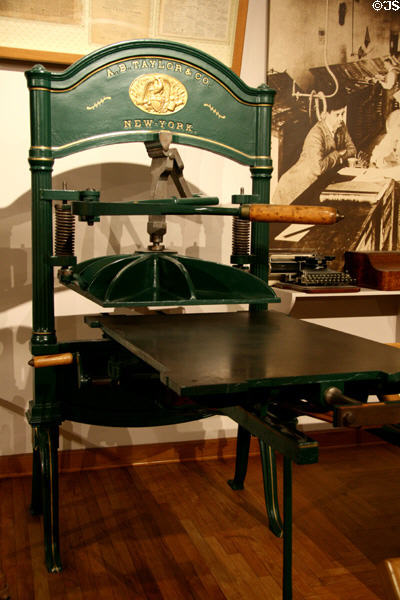 Washington Press (1870s) invented by Samuel Rust & made by A.B. Taylor & Co., New York, popular in West because of portability, at LA County Natural History Museum. Los Angeles, CA.
