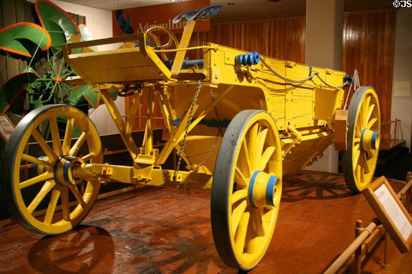 Horse-drawn dump wagon used to build Owens Valley water project at LA County Natural History Museum. Los Angeles, CA.