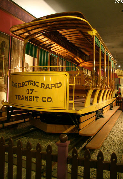 St Louis Car Co. electric streetcar (1889) at LA County Natural History Museum. Los Angeles, CA.
