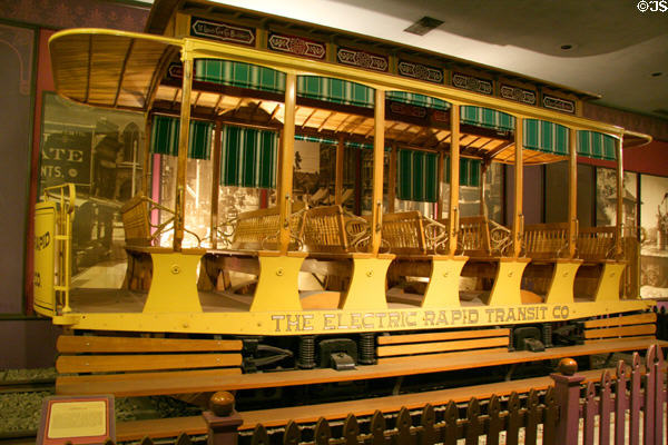 St Louis Car Co. electric streetcar (1889) at LA County Natural History Museum. Los Angeles, CA.