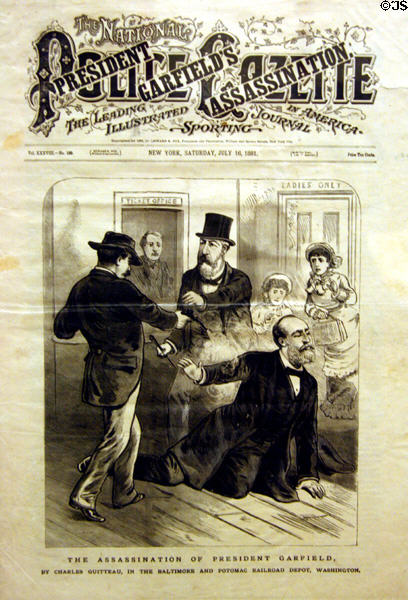 Graphic of assassination of President Garfield from Police Gazette (July 16, 1881) at LA County Natural History Museum. Los Angeles, CA.