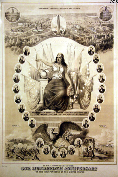 Poster (1876) of 100th Anniversary of American Independence with Centennial Exposition scene by George Stinson at LA County Natural History Museum. Los Angeles, CA.
