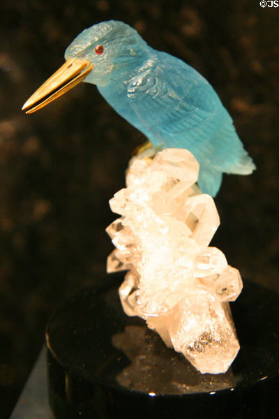 Aquamarine carved kingfisher (late 20th C) in mineral collection at LA County Natural History Museum. Los Angeles, CA.