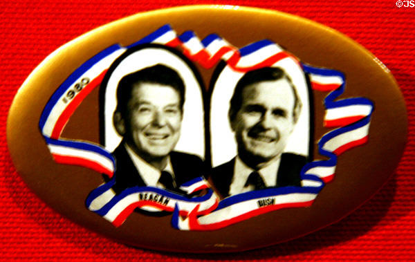 Reagan-Bush 1980 campaign button at Reagan Museum. Simi Valley, CA.