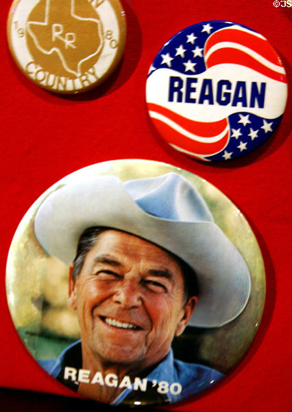 Reagan 1980 presidential campaign button at Reagan Museum. Simi Valley, CA.