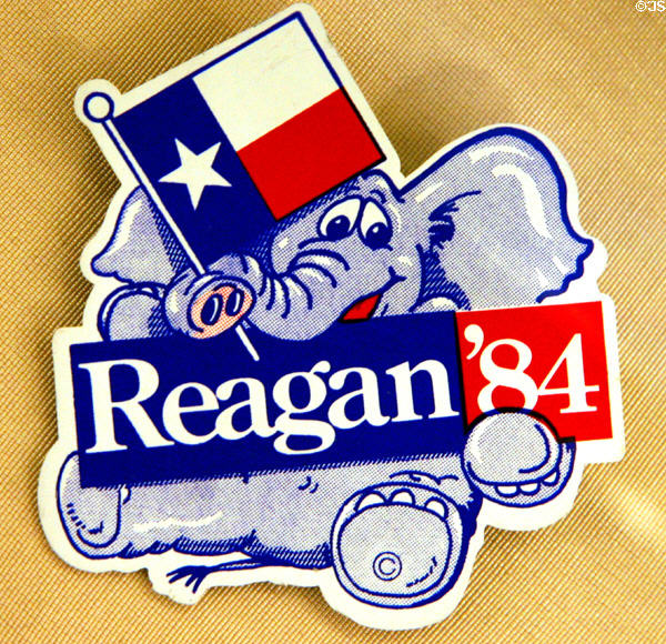 Reagan 1984 presidential elephant with Texas flag campaign button at Reagan Museum. Simi Valley, CA.