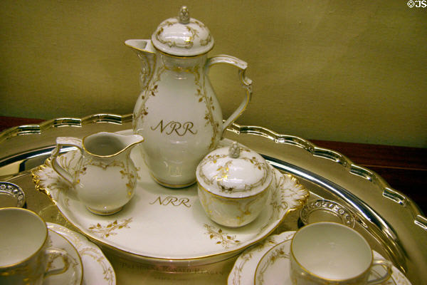 Coffee pot & creamer of China tea service used by Mrs. Reagan for White House entertaining at Reagan Museum. Simi Valley, CA.