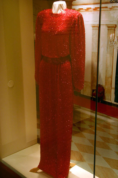 Dress worn by Nancy Reagan during White House years at Reagan Museum. Simi Valley, CA.