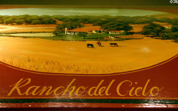 Wooden chest with painting of Reagan's retirement ranch Rancho del Cielo at Reagan Museum. Simi Valley, CA.