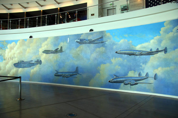 Mural showing former Presidential aircraft called the Flying White House by Stan Stokes in Air Force One Pavilion (2005) at Reagan Museum. Simi Valley, CA.