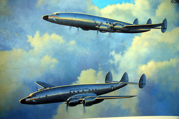 Detail of Flying White House mural at Reagan Museum showing two versions of Columbine Super G Constellations used by Eisenhower. Simi Valley, CA.