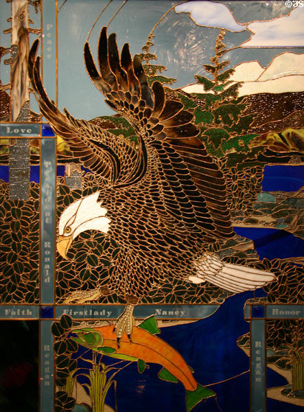 Fishing eagle stained glass art called Inspiration from Heroes by Kevin Laird Johnson at Reagan Museum. Simi Valley, CA.