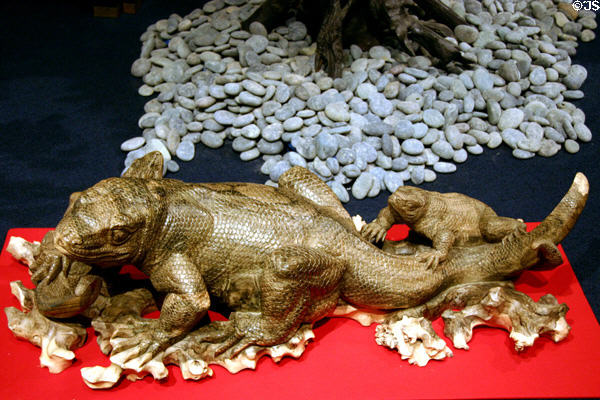 Wood carving of Komodo Dragon (1986) by Nyoman Mawi given to President Reagan by Indonesia at Reagan Museum. Simi Valley, CA.