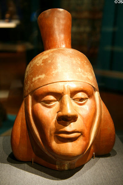Moche ceramic portrait vessel (100-800) from Peru at Fowler Museum. Los Angeles, CA.