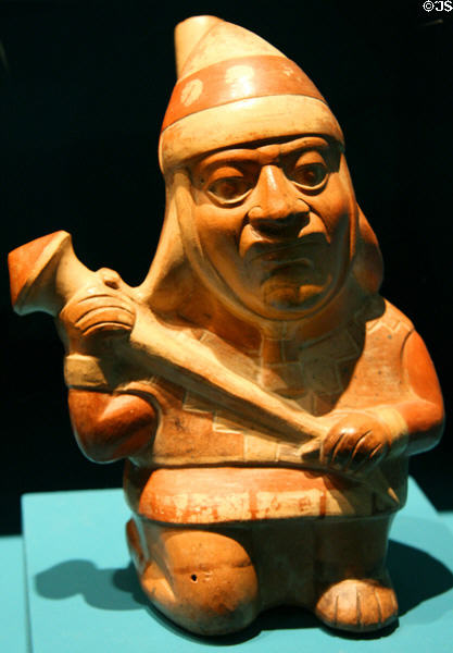 Moche ceramic warrior vessel (100-800) from Peru at Fowler Museum. Los Angeles, CA.
