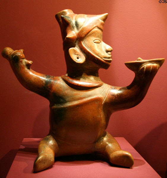 Colima ceramic male figure (200 BCE - 400) from Mexico at Fowler Museum. Los Angeles, CA.