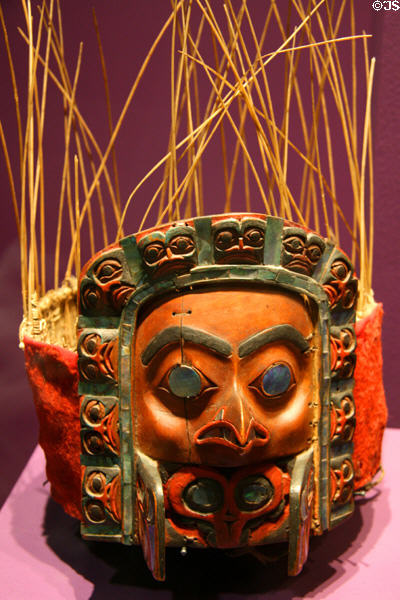 Nisga'a frontlet headdress with white owl (19thC) from British Columbia at Fowler Museum. Los Angeles, CA.