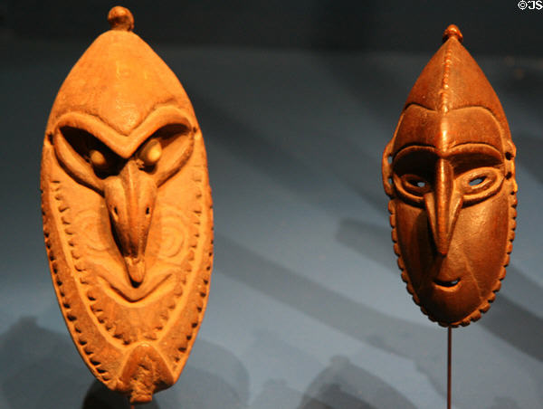 Miniature masks (19th-early 20thC) from Sepik River of Papua New Guinea at Fowler Museum. Los Angeles, CA.