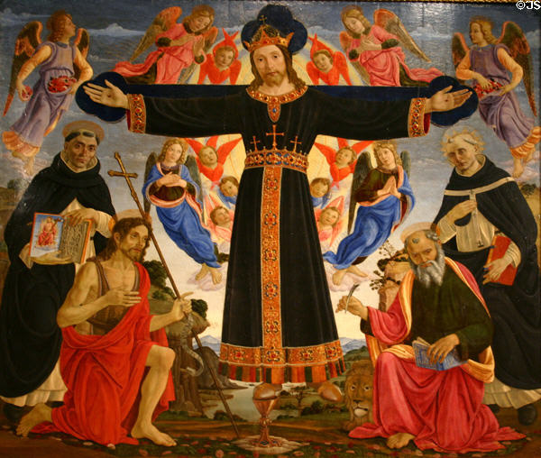 Christ on cross with Saints Vincent Ferrar, John the Baptist, Mark & Antonius (1491-5) by Master of Fiesole Epiphany for Florence at LACMA. Los Angeles, CA.