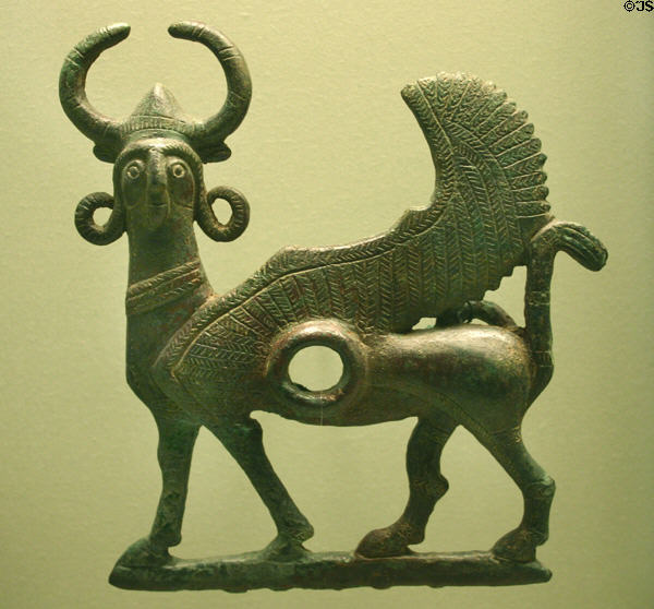 Iran: winged horses of cheek plate from horse bit from Luristan (1000-650 BCE) at LACMA. Los Angeles, CA.