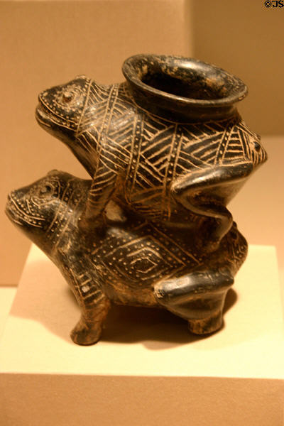 Colima Mexico: early-American pottery vessel of two joined frogs (c200 BCE - 300 CE) at LACMA. Los Angeles, CA.