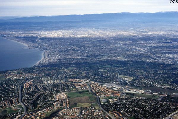 Palos Verdes & Redondo Beach from air looking north to LAX. CA.